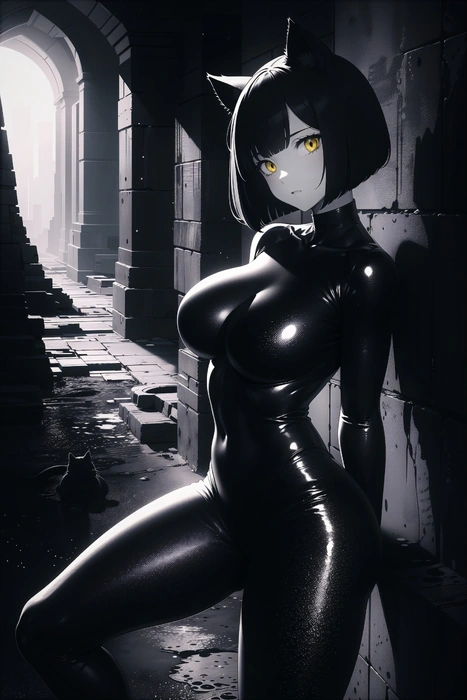 Black cat and cat girl in an alley