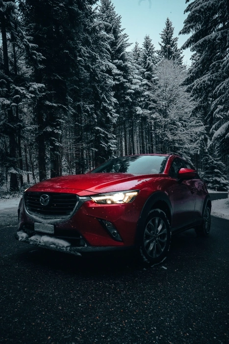The red Mazda in the winter forest