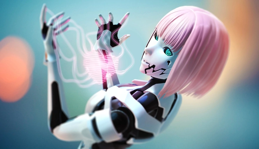 Девушка-робот с розовыми волосами
