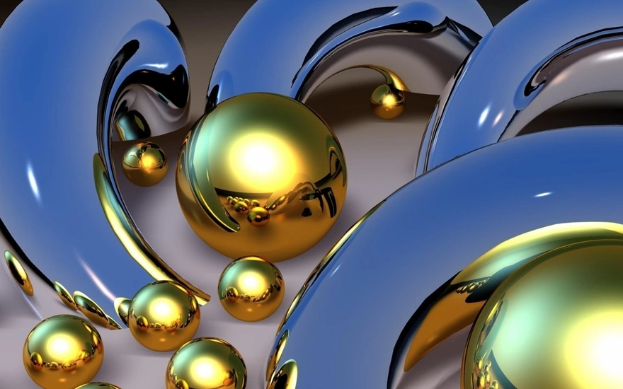 Блестящие шары золотого цвета и дуги в 3D