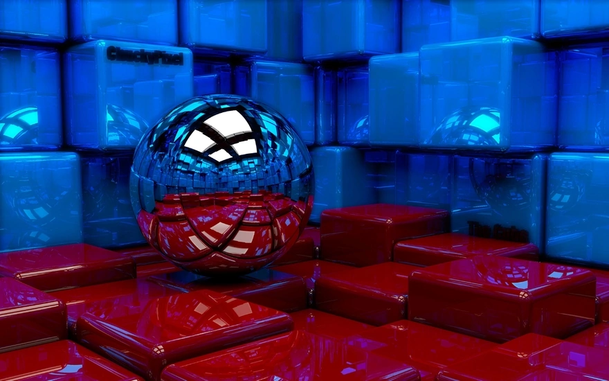 Image: Ball, sphere, cubes, reflection, room, red, blue