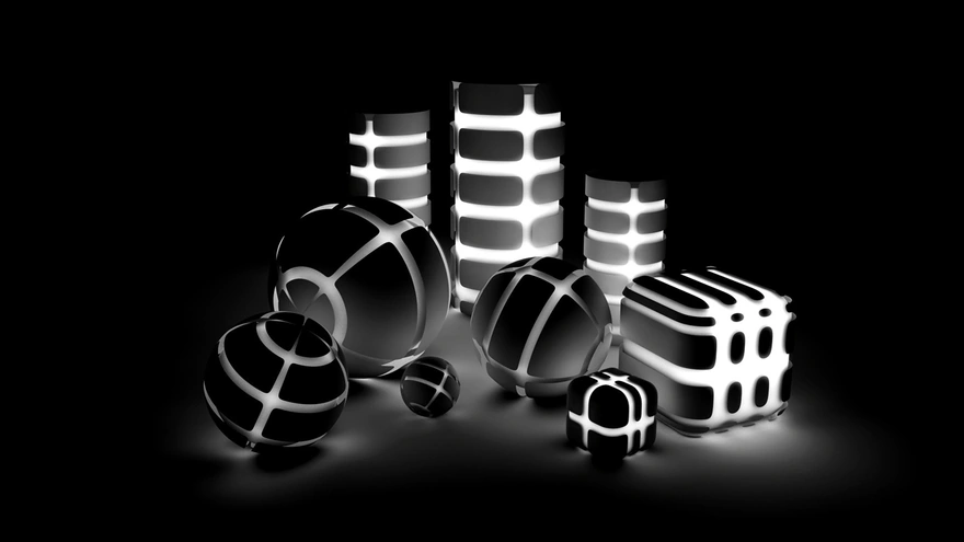 Glowing 3D models of spheres, cubes, cylinders in the dark