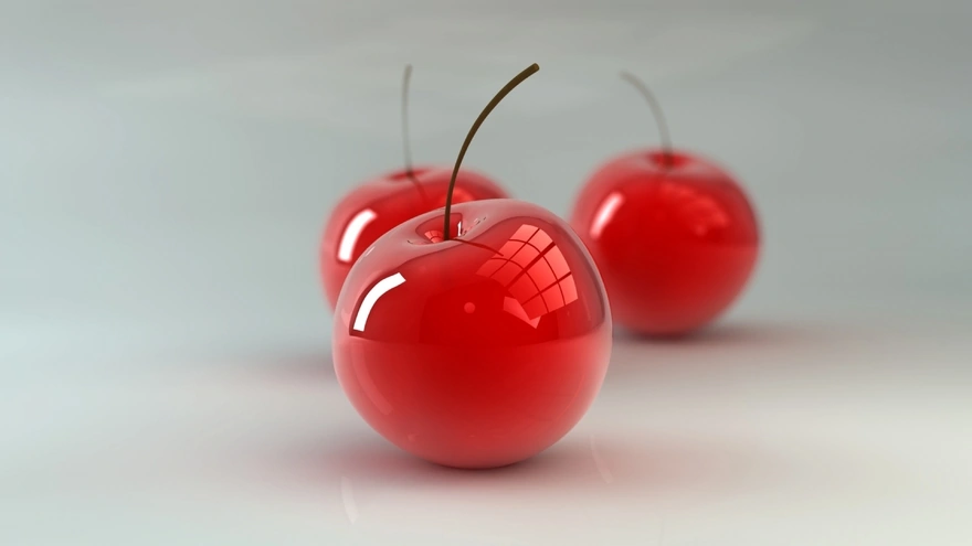 Three red cherries in 3D