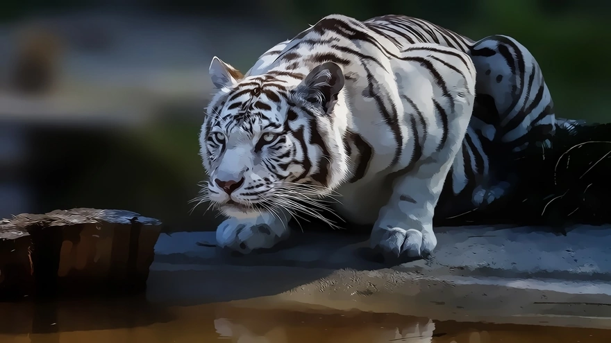 Белый тигр на водопое