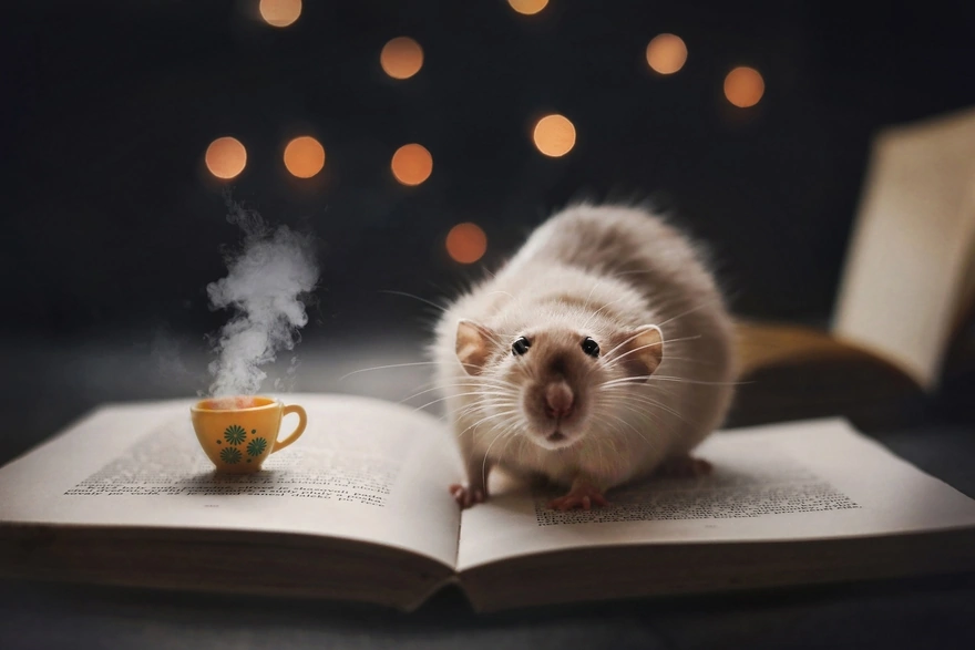 Rat sitting on a book
