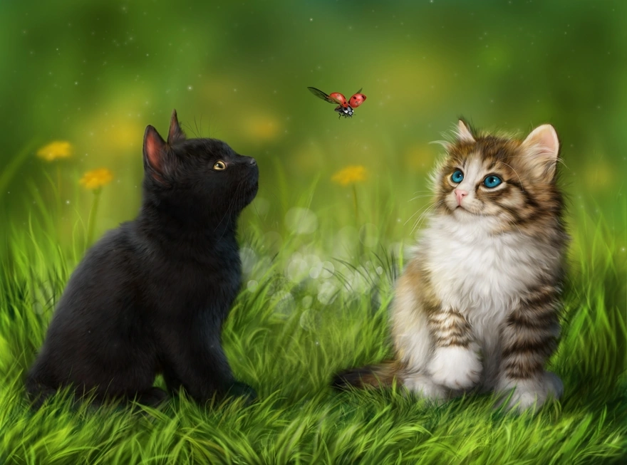 Image: Kittens, grass, ladybug, fly, watch
