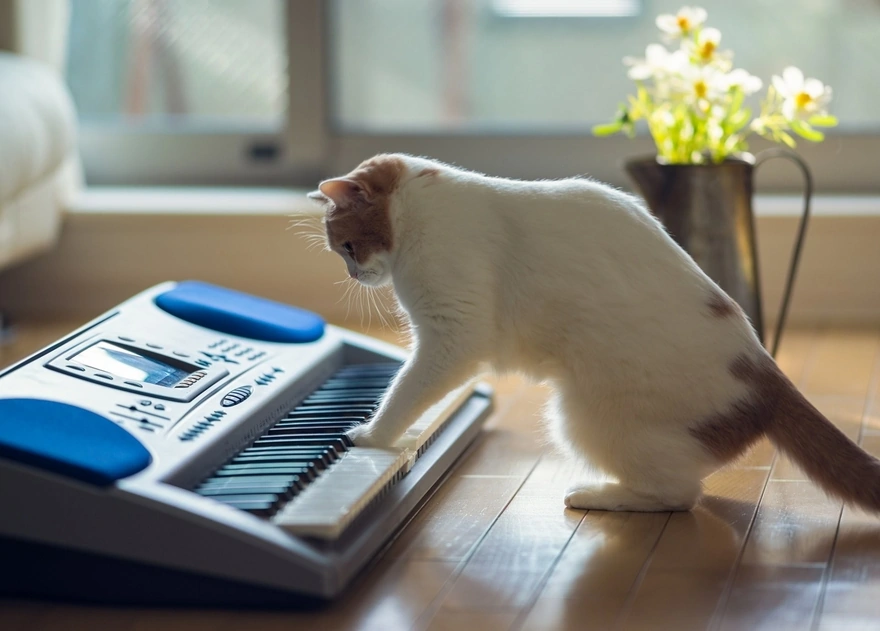 Кошка играет на клавишах инструмента