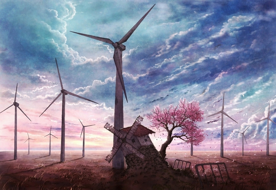 Image: Art, wind, mills, turbines, wind station, sky, field, tree, Sakura