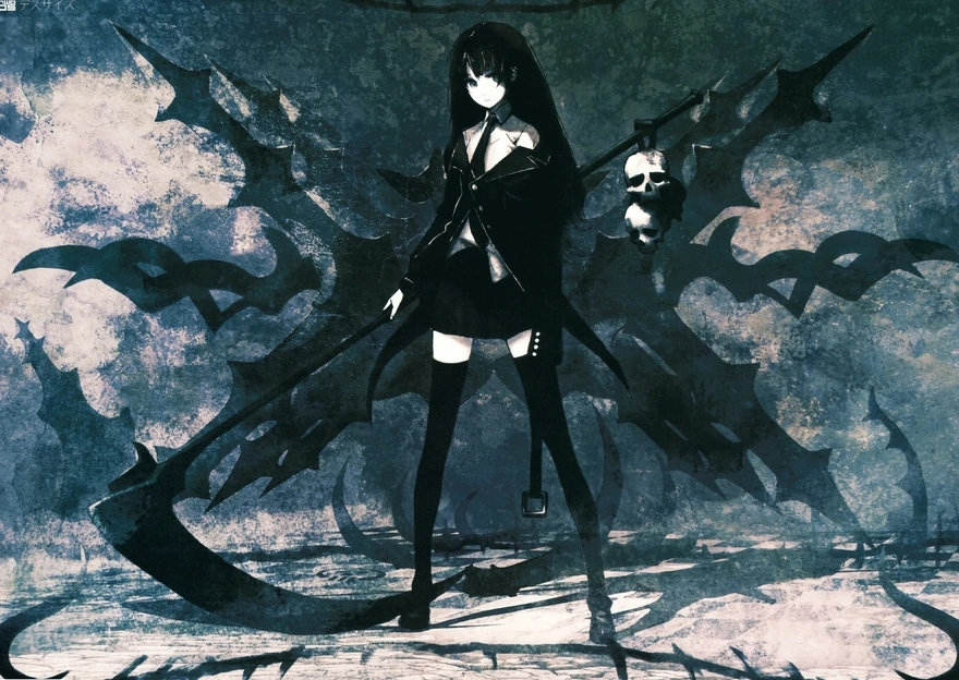 Girl in black with a black scythe and a skull at the end of the handle