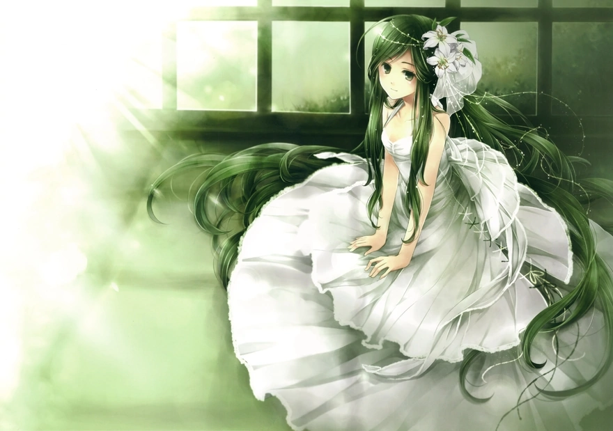 Девушка аниме с зелеными волосами