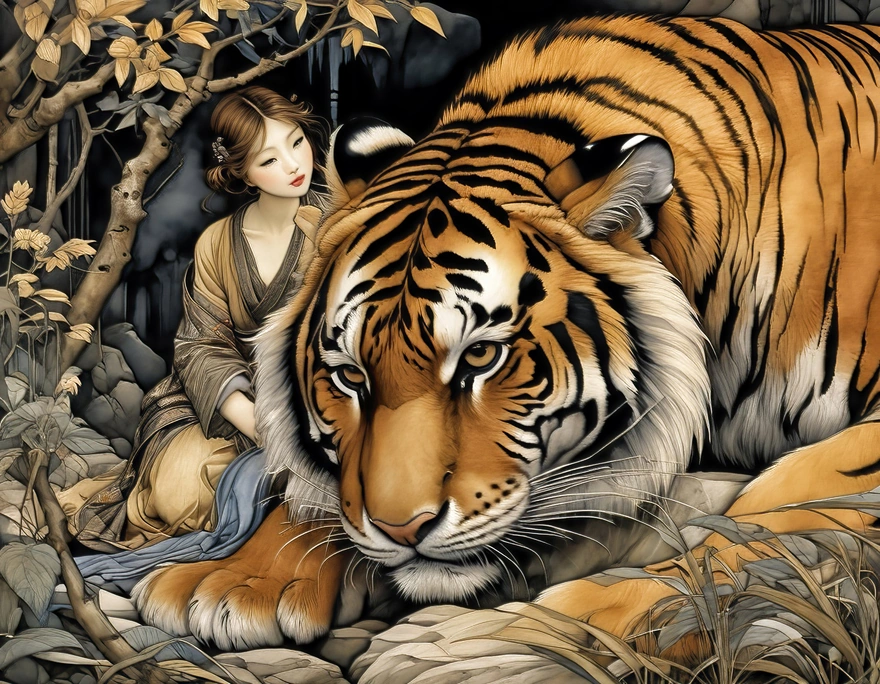 Image: girl, asian, tiger, predator, friendship, fantasy, photoshop