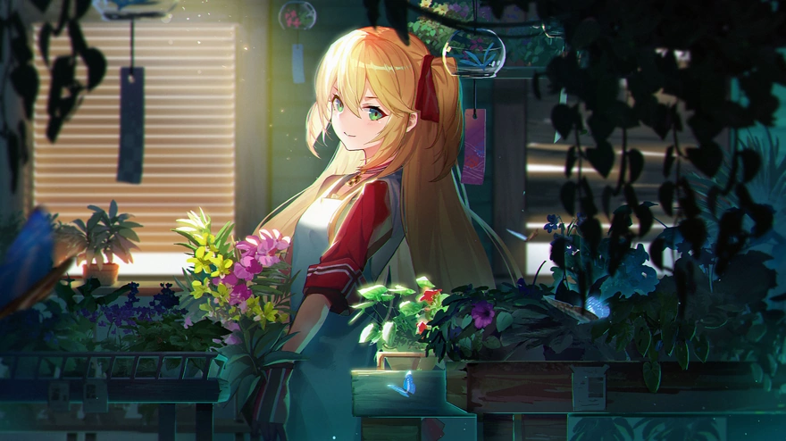 Аниме-девушка с красивыми глазами возле цветов