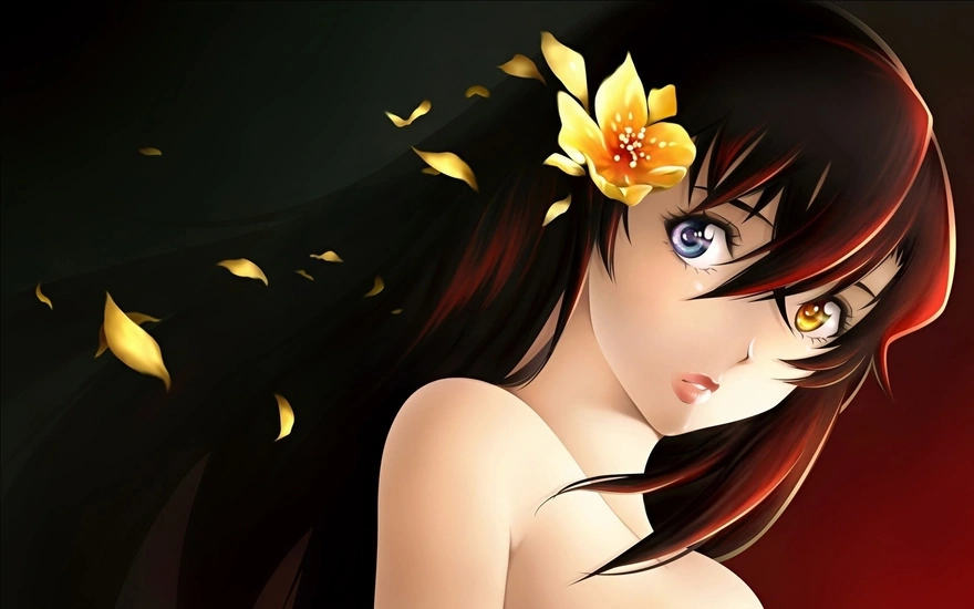 Аниме девушка с цветком в волосах и разным цветом глаз
