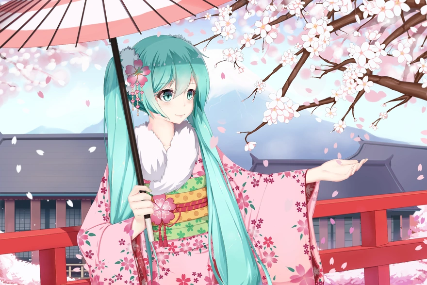 Девушка Hatsune Miku в кимоно ловит падающие листики сакуры