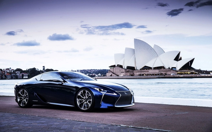 The concept Lexus LF-LC blue at the backdrop of the Sydney Opera house