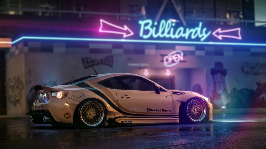 Спортивный Subaru BRZ на улице ночного города из игры Need For Speed