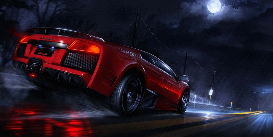 Red Lamborghini racing at high speed in rainy night weather