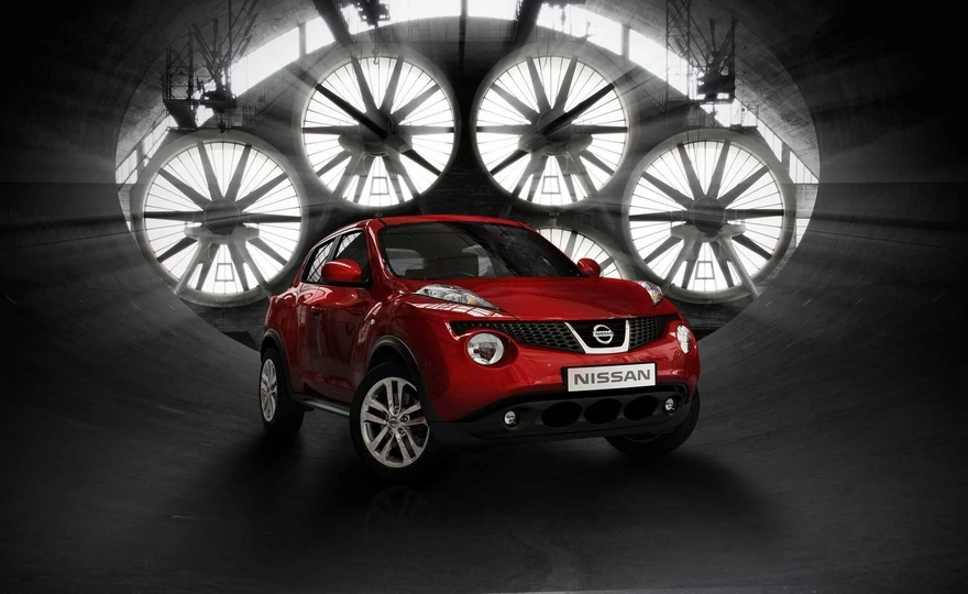 Red Nissan Juke in the wind tunnel
