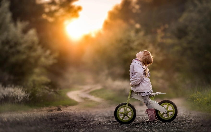 Маленькая девочка с велосипедом у лесной дороги