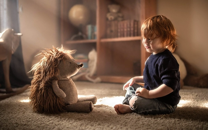 Мальчик и игрушечный ёжик сидят напротив друг друга