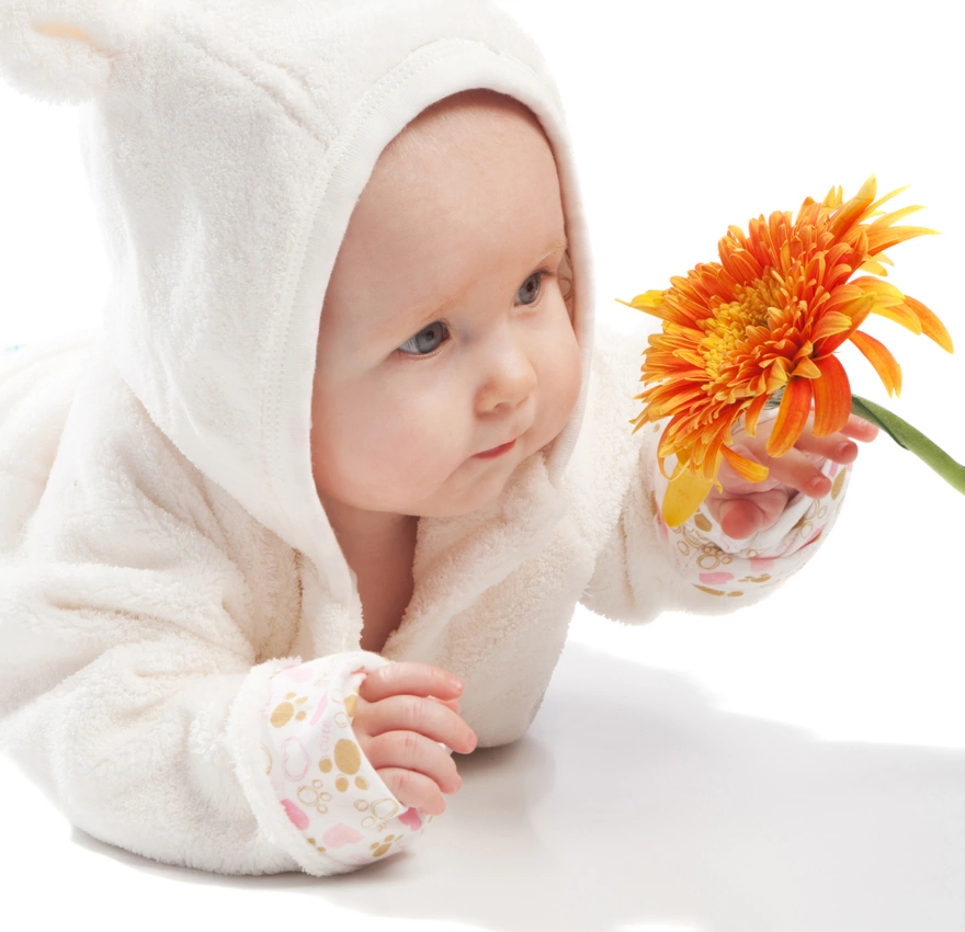 Baby interested the flower