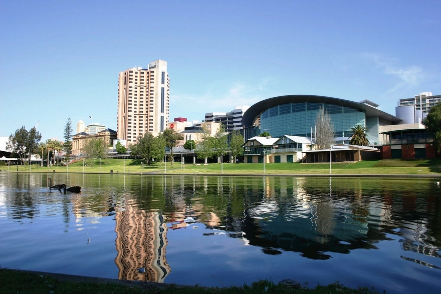 Image: Adelaide, Australia, buildings, promenade, river, swans