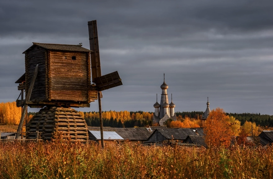 Пейзаж, деревня, церковь