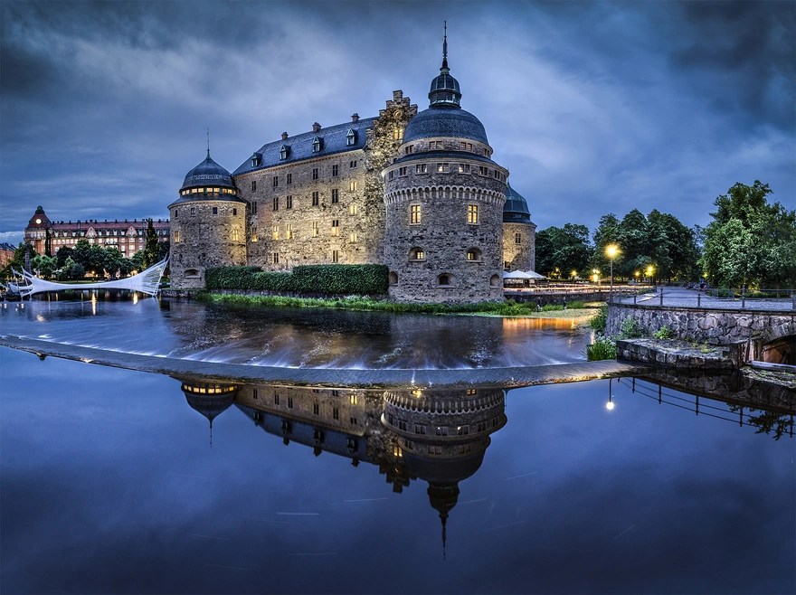 Картинка: Швеция, замок Эребру, река, вечер, огни