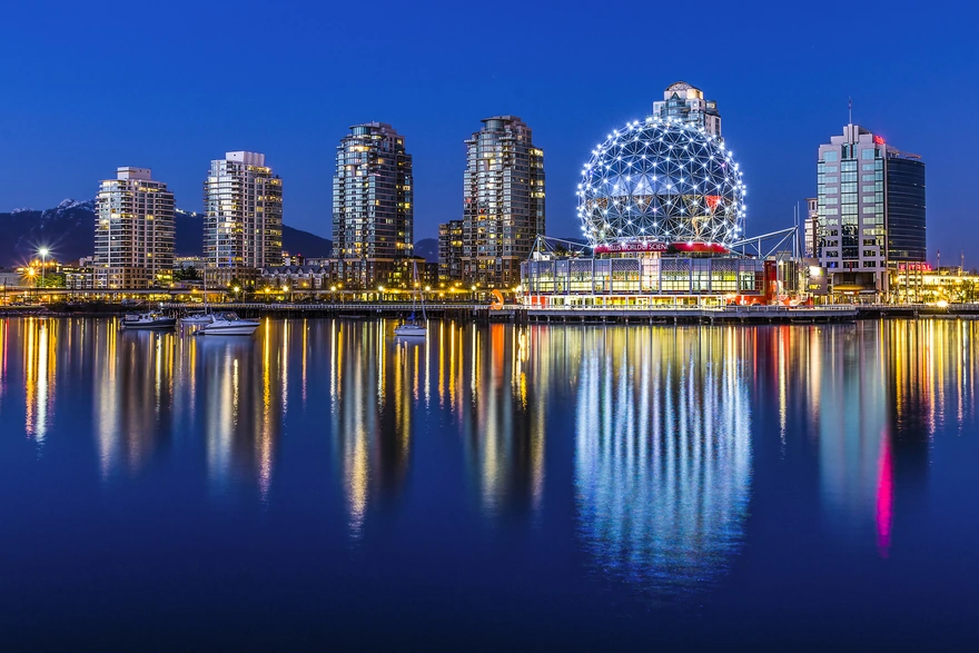 Image: Vancouver, Canada, Research centre, buildings, skyscrapers, river, lights, reflection