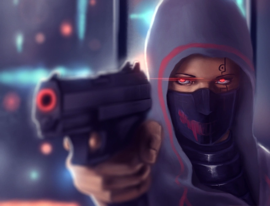 Девушка с красными глазами в капюшоне прицеливается из пистолета