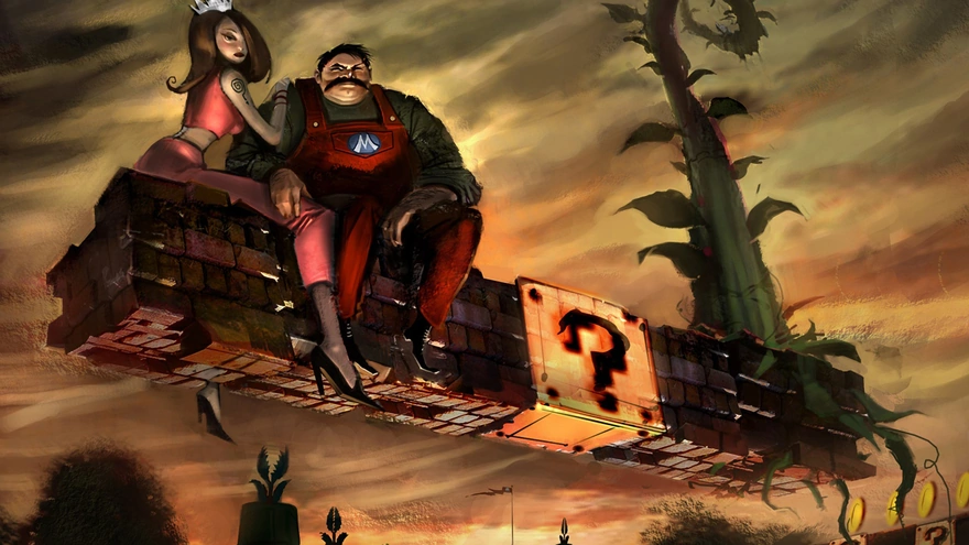 Марио и принцесса сидят висящих в воздухе кирпичей