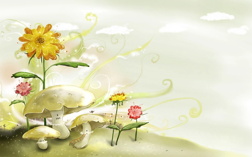 Нарисованные грибы и цветочки