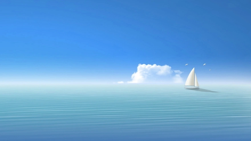 Boat with white sails in the sea and on the horizon, one big cloud