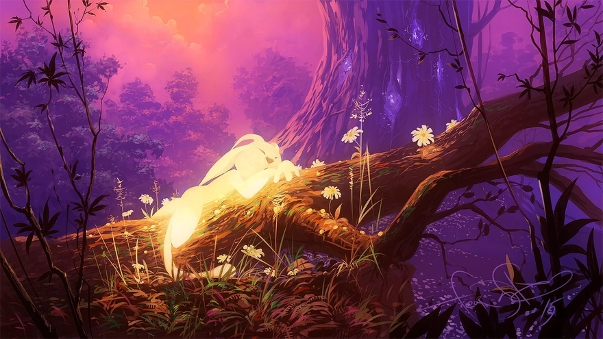 Спящий кролик в волшебном лесу