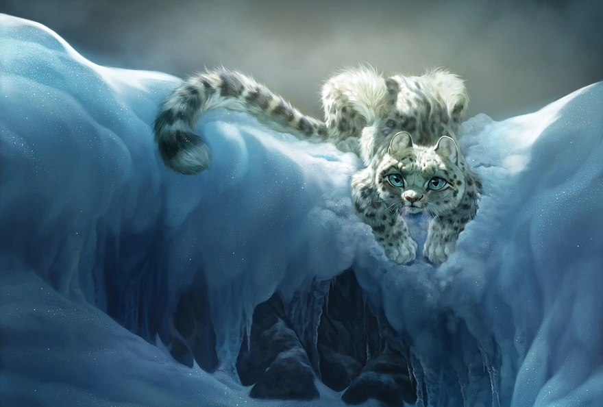 Snow leopard on a snowy cliff