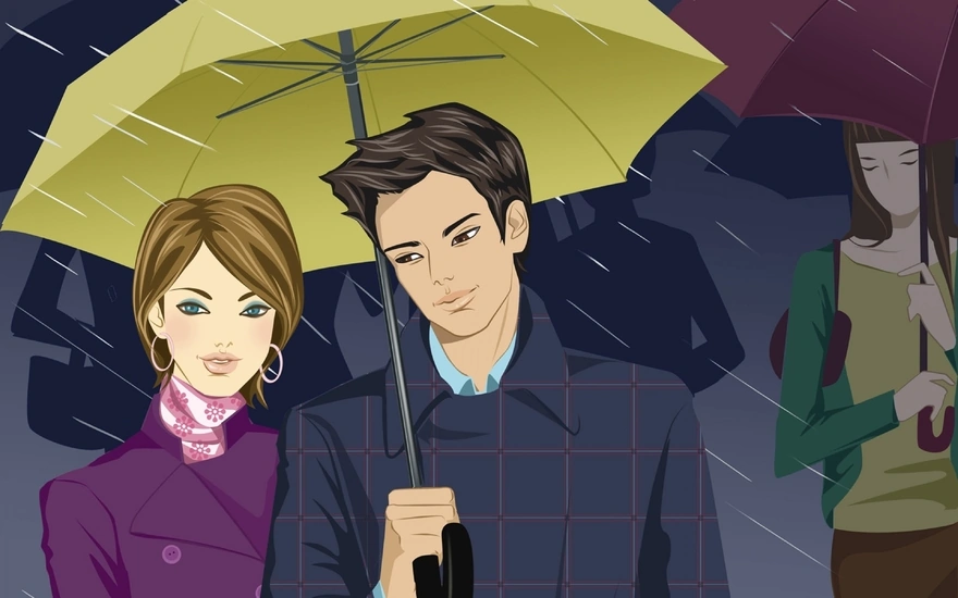 Красивая пара укрылась под зонтиком от дождя