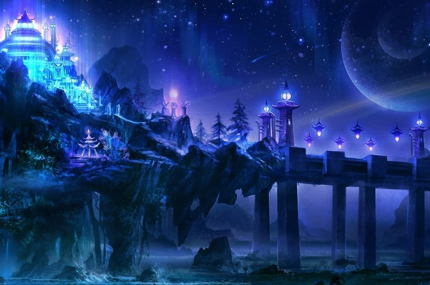 Фантастический замок, звёздное небо и мост с фонарями