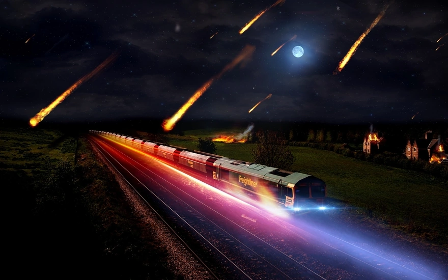 The train goes under the fire of the meteorites