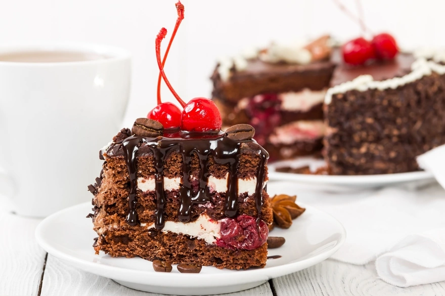 The slice of cake with cherries and chocolate for dessert