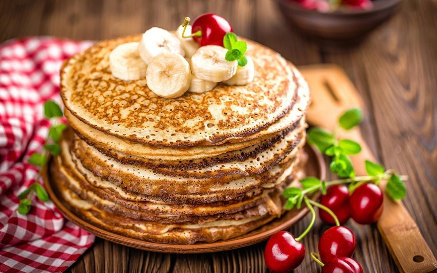 Delicious pancakes with banana and cherry