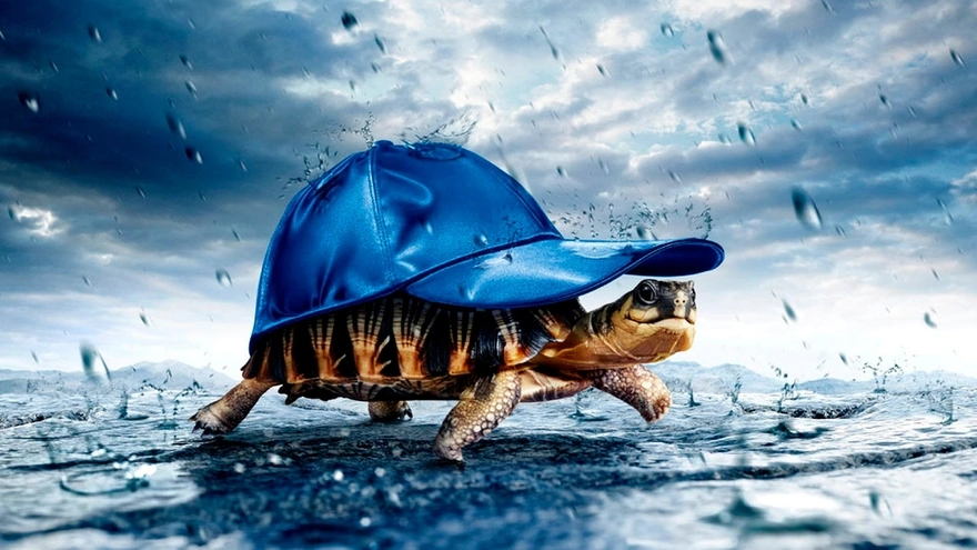 Черепаха идёт под дождём накрыв панцирь кепкой
