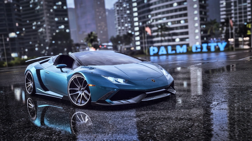 Голубой Lamborghini Huracan на мокрой парковке из игры Need For Speed Heat