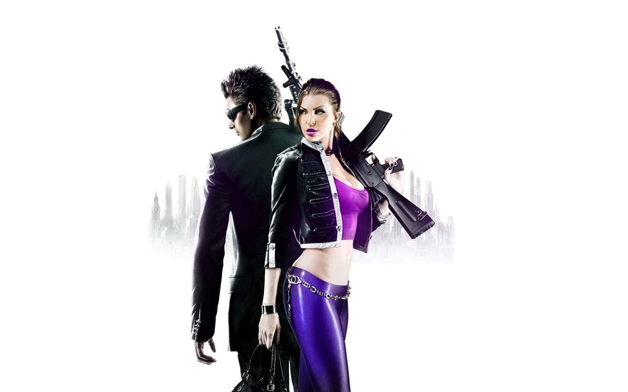 A man and a woman with a gun in his hand on white background from the game Saints Row The Third
