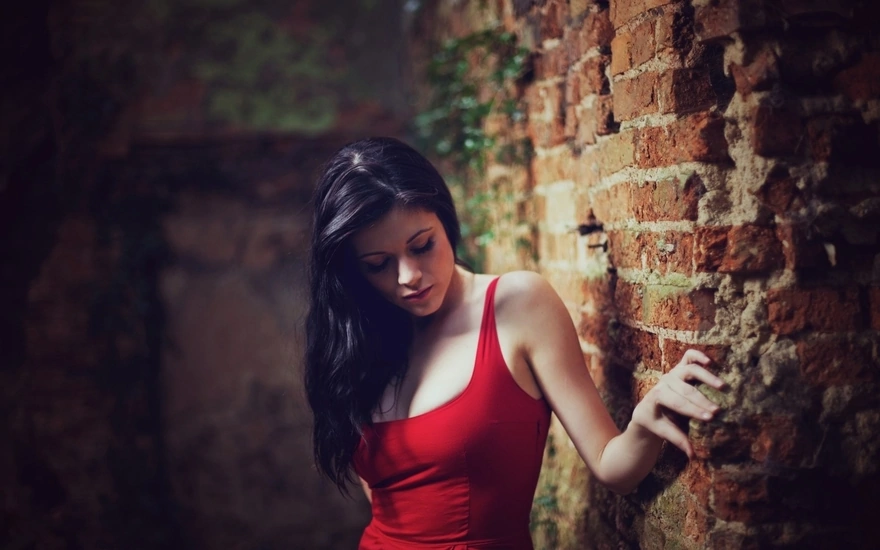 Девушка с чёрными волосами в красном стоит упираясь в кирпичную стену