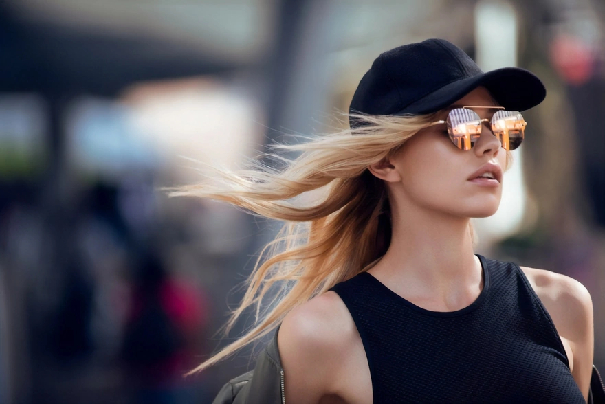 The wind rushing through the hair of the girl in the hat and glasses