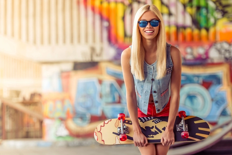 Девушка со скейтбордом на фоне граффити на стене
