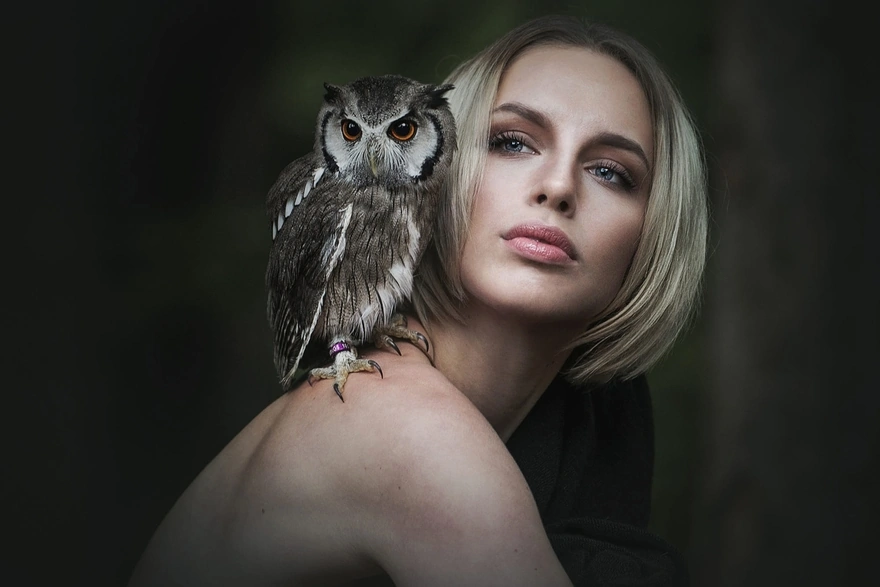 Owl sitting on a bare shoulder of the girl