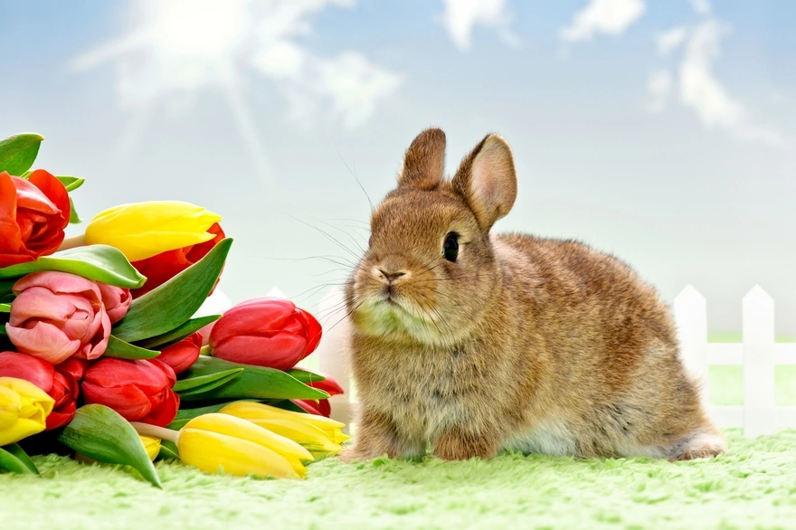 Кролик с тюльпанами
