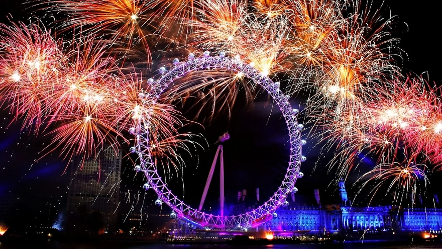 Fireworks and Ferris wheel in London