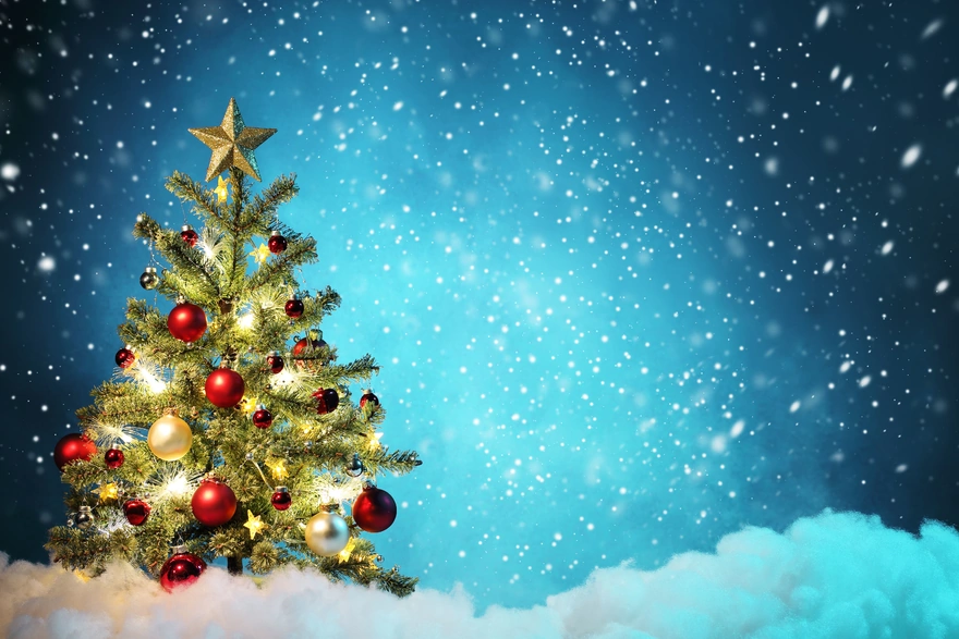 Картинка: Ёлка, праздник, новый год, украшения, звезда, шары, игрушки, снег, падает, зима